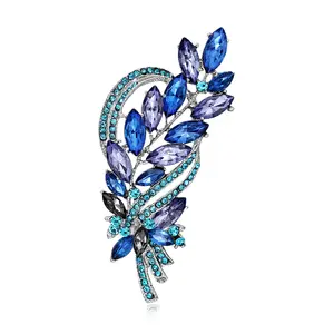 Vintage Flower Shape Blue Austrian Crystal Brooch Pin Rhinestone Scarf Decoration Corsage Cloth Pin for Women Girls