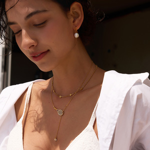 Pearl Drop Earrings Gold Hoop With Green Gemstone Inlay Everyday Wear - Product Image 4