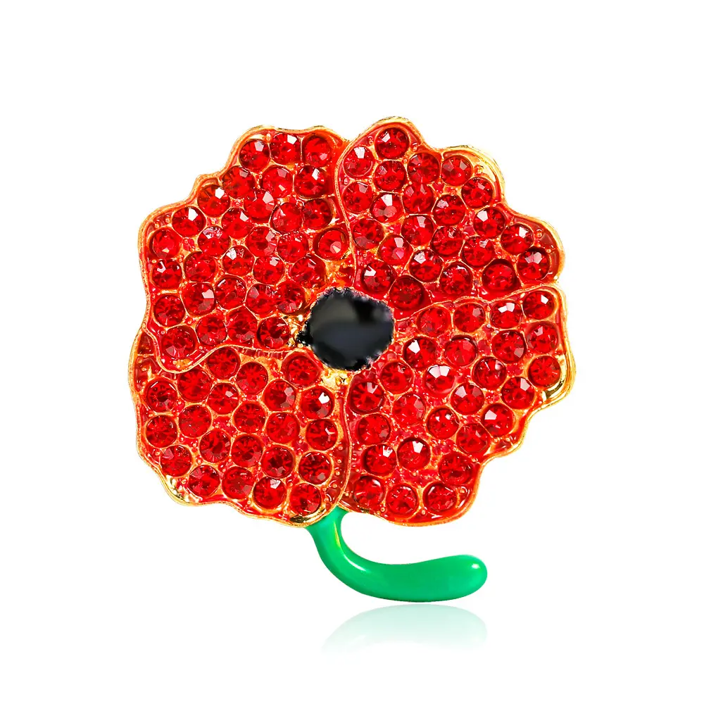 Brittannië Gedenkteken Strass Broche Grote Rode Papaver Bloem Broach Groen Blad Kraag Revers Badge Pin