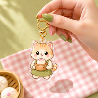 Porte-clés en acrylique personnalisé avec impression publicitaire, motifs chat, mignons, kawaii, anime, aliments asiatiques, Baozi, dessin animé de chat