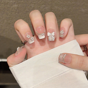Faux ongles carrés à presser, faits main, détachables, style crème glacée, motif nœud, pour l'été, lot de 30 pièces en boîte - Product Image 2