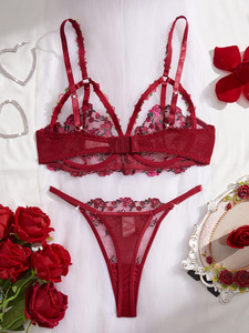 Red Floral Embroidery Lace Lingerie <b>Set</b> Sheer Mesh Underwire Bra and Thong Panties <b>Set</b> 2 Piece <b>Sexy</b> Intimates <b>Set</b> OEM ODM - Product Image 5