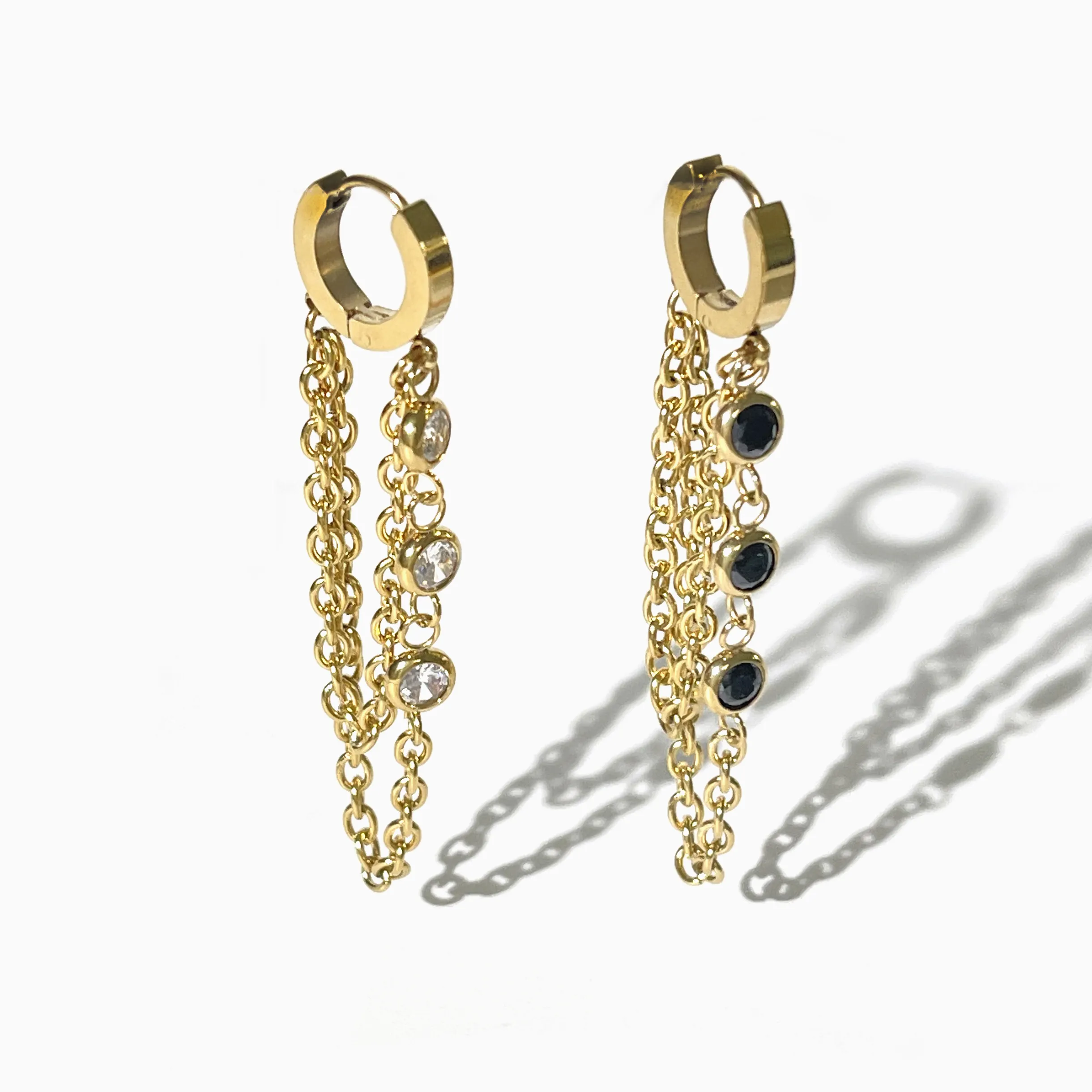 E0071 Stainless Steel Gold Plated Hoop with Long Double Chain Cz Zircon Earrings Women Dangle Tassel Huggie Earring Jewelry