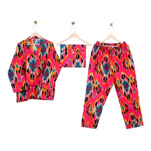 Women's 3-Piece Geometric Print Lounge Set Long Sleeve Top <b>Pants</b> With Drawstring Soft Woven 100%Cotton Summer Sleepwear Suit - Product Image 1