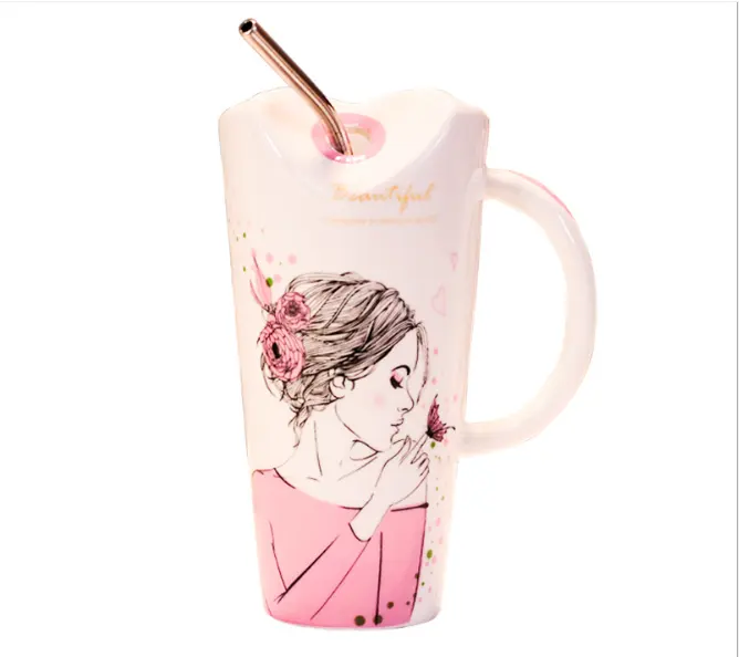 Große weibliche Stroh Mode Tasse niedlichen Girly Kaffee Tee Valentinstag Tassen Tasse Keramik mit Stroh für Mädchen