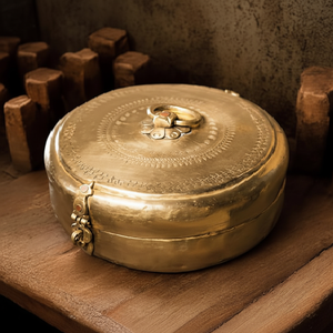 Boîte ronde en laiton poli avec gravure concentrique fine sur le couvercle et une poignée décorative en forme d'anneau. - Product Image 1