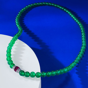 Cadena de cuentas de calcedona, colgante con incrustaciones de plata verde imperial de hielo con collar de cuerda completa de 6mm, 50cm - Product Image 5