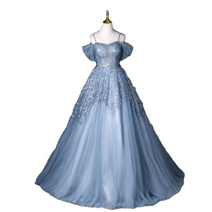Elegant Light Blue Sequin Evening Gown With Puffy Skirt For Stage Performance Women Adult Size 12-17 - Product Image 5