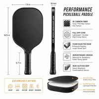 Raquette de pickleball avec poignée en cuir, noyau de 12 mm, forme allongée, forme standard, surface en graphite, protection des bords, amortisseur en silicone