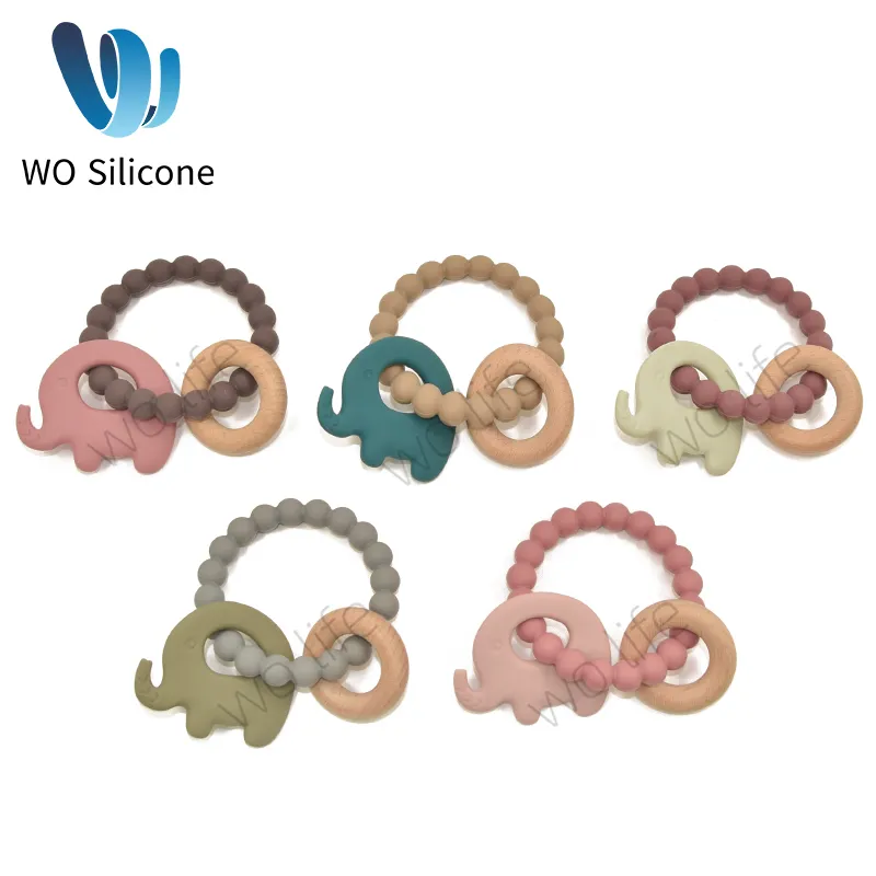 Baby Teether Natural Beech Wooden Animal Shape BPA-Free Silicone Teether Toy Bracelet