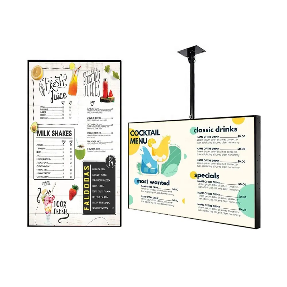 천장 장착 32 인치 메뉴 보드 LCD 디스플레이 광고 교수형 레스토랑 원격 제어 디지털 메뉴 보드