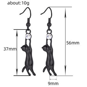 Boucles d'oreilles pendantes en forme de chat noir et or E3260 pour femmes, en alliage de zinc, avec cristaux et strass, bijoux fantaisie mignons en forme d'animal - Product Image 6
