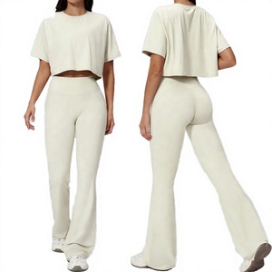 Ensemble de yoga 2 pièces uni pour femme, haut semi-ample et pantalon taille haute, séchage rapide, respirant, Spandex/Nylon, pour la course et le sport décontracté - Product Image 2