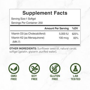 Vitamina <span class=keywords><strong>K2</strong></span> <span class=keywords><strong>MK7</strong></span> <span class=keywords><strong>D3</strong></span> 50000 UI, 250 Cápsulas Blandas, Suplemento Dietético para Mejorar la Densidad Ósea, Apoyo Cardíaco e Inmunológico para Adultos - Product Image 3