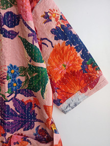Kantha <b>Velvet</b> Suzani Long Reversible Kimono Robe Unisex <b>Jacket</b> with 2 Pockets on Each Side Floral Waterproof Everyday Wear - Product Image 2