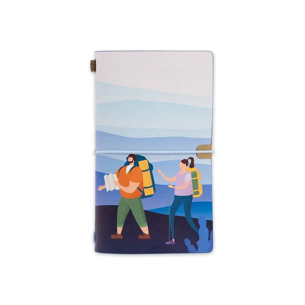 Caderno de viagem com impressão colorida UV de logotipo personalizado de alta qualidade, faixa elástica, diário em couro PU