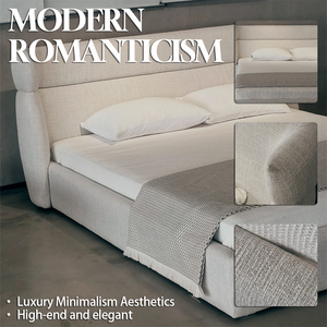 Cama Tapizada Minimalista de Tela de Algodón y Lino Blanco con Cabecera Curva, Cama Moderna y Cómoda Tamaño King/Queen - Product Image 2