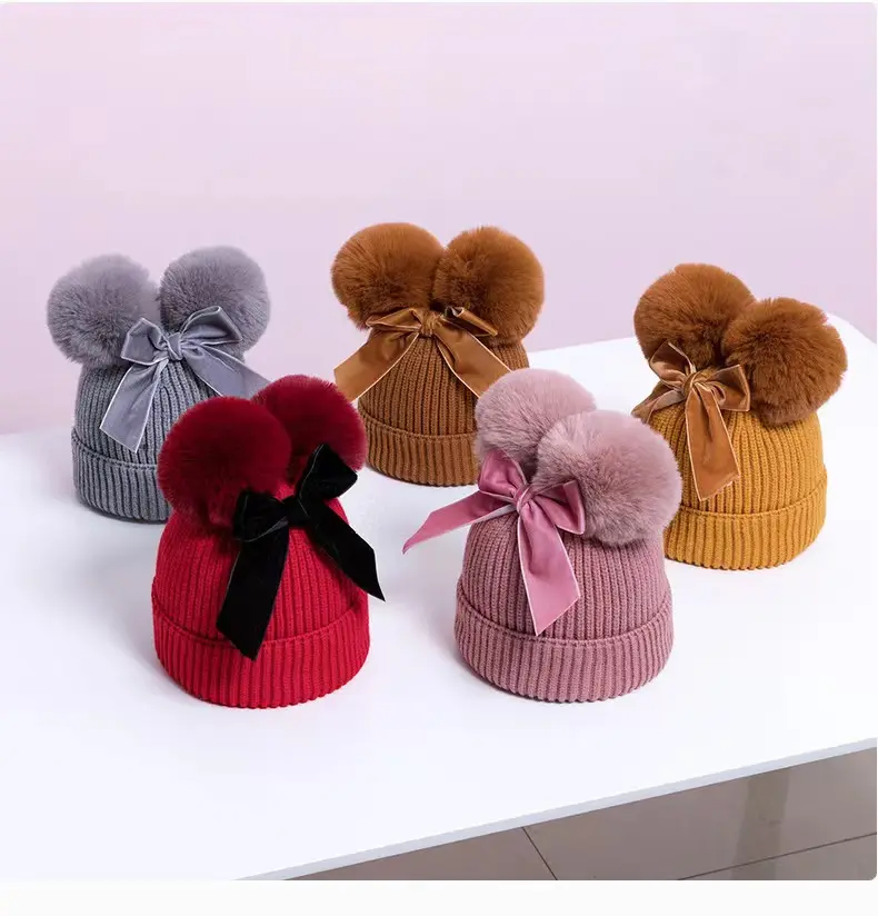 Double Pom Pom Hat Bowknot Lovely Children's Knitted Hat Autumn Winter New Add Cotton Warm Beanie Baby Hat
