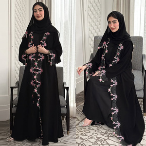Versandfertige Bestickte Spitzenbesetzte Strickjacke Robe Kleid mit Pailletten und Schnürung Islamische Vestidos Lange Robe Jalabiya Kaftan Eid Abaya - Product Image 2