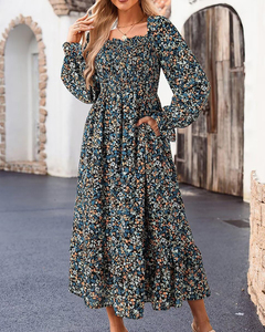 เดรสยาวแขนยาวคอเหลี่ยมลายดอกไม้สีขาว <span class=keywords><strong>แต่ง</strong></span>ระบายชายกระโปรงทรงหลวมสไตล์โบฮีเมียนลำลองสำหรับวันหยุดพักผ่อน <span class=keywords><strong>ขาย</strong></span>ดี - Product Image 1