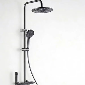 Ensemble de douche thermostatique LED <span class=keywords><strong>noir</strong></span> à effet pluie douce, barre coulissante en acier inoxydable, jets de plafond et douchette à main, finition mate polie, style moderne pour hôtel - Product Image 1