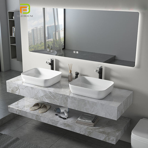 Vanidades de baño de superficie sólida europea, lavabo de pizarra de <span class=keywords><strong>Roca</strong></span> montado en la pared, tocador de lavabo doble de mármol con espejo Led - Product Image 1