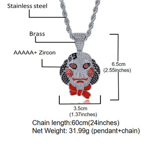 Collar con colgante de máscara de <span class=keywords><strong>muñeco</strong></span> de sierra con micro pavé de circonitas cúbicas, estilo hip-hop llamativo y robusto, para hombre y mujer - Product Image 3