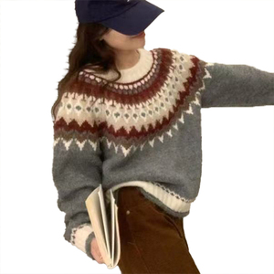 Tenue Automne-Hiver, Design Rayé Rétro, Sens du Color Block, Col Revers, Pull en Tricot, Manteau, Haut Ample Amincissant pour Femmes - Product Image 3