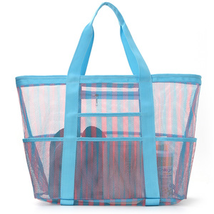 Bolsa de playa de malla a rayas, gran capacidad, portátil, con 4-6 compartimentos, ecológica, para viajes, almacenamiento de ropa interior, artículos de tocador y ropa - Product Image 6