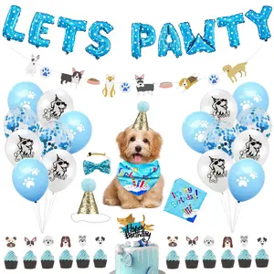 Nicro Blue Theme Dog Party Supplies Lets Pawty Foil Balloon Banner Bandana Scarf Hat Pet Dog Birthday Party Decoration