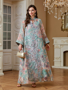 Abbigliamento Tradizionale Musulmano, Elegante Abaya di Dubai in Poliestere, Vestito Islamico di Lusso con Ricami e Paillettes - Product Image 5