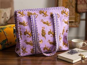 Cotton Quilted <b>Tote</b> <b>Bag</b> <b>with</b> Leopard Print Large Reusable Shopping and Travel <b>Bag</b> 16x16 & 18x18 Inches <b>Zipper</b> Closure - Product Image 5