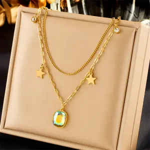 2023 New Tarnish Free 18k Gold Plated Stainless Steel Square Crystal Pendant Fashion Jewelry Necklaces For Women