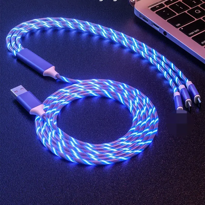 Factory sale 3 in 1 LED Glow Flowing Charger usb led cable Micro USB Type C 8 Pin Charging for iPhone all in one Cable