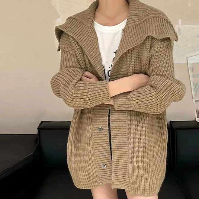 Herbst Winter New Solid Color Lazy Coat Koreanische Vintage einfache gestrickte lose Strickjacke Damen Pullover