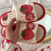 XIXIXITIAO Fraise Plat Femme Casual Mode Confortable Coton Lin Pantoufles avec Semelle PVC pour Filles Femme Usage Intérieur