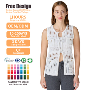 Gilet cardigan sans manches ajouré en maille anti-boulochage 100 % coton pour femme, idéal pour l'été - Product Image 2