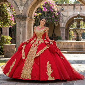 XS251 ชุดราตรีมุสลิมสีแดงแขนยาวมีสไตล์พร้อมลูกไม้สีทอง - Product Image 1