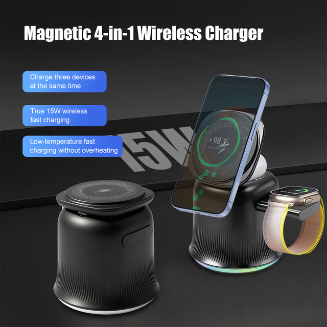 3 in 1 Wireless Charger Station, 15W Fast Charging Dock for Smartphones, Smart Watches, Earbuds Pro