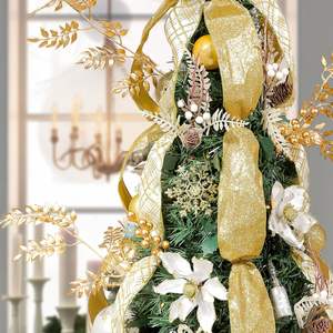 Árbol <span class=keywords><strong>de</strong></span> <span class=keywords><strong>Navidad</strong></span> <span class=keywords><strong>de</strong></span> PVC Pre-ensamblado <span class=keywords><strong>de</strong></span> 6 Pies con Luces, Decorado con Adornos Dorados, <span class=keywords><strong>Cintas</strong></span> y 150 Luces LED Blanco Cálido - Product Image 5