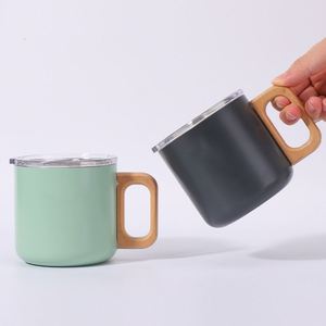 Mug en acier inoxydable 304 avec intérieur et extérieur en acier inoxydable, poignée en bois, anti-brûlure, tasse de bureau au design minimaliste, 400 ml, tasse à café - Product Image 1