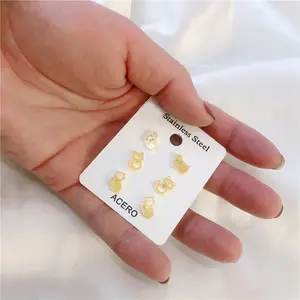Корейский стиль, 3 пары в упаковке простое модное кольцо из нержавеющей стали, серьги в виде цветка слона или звезды серьги бабочки