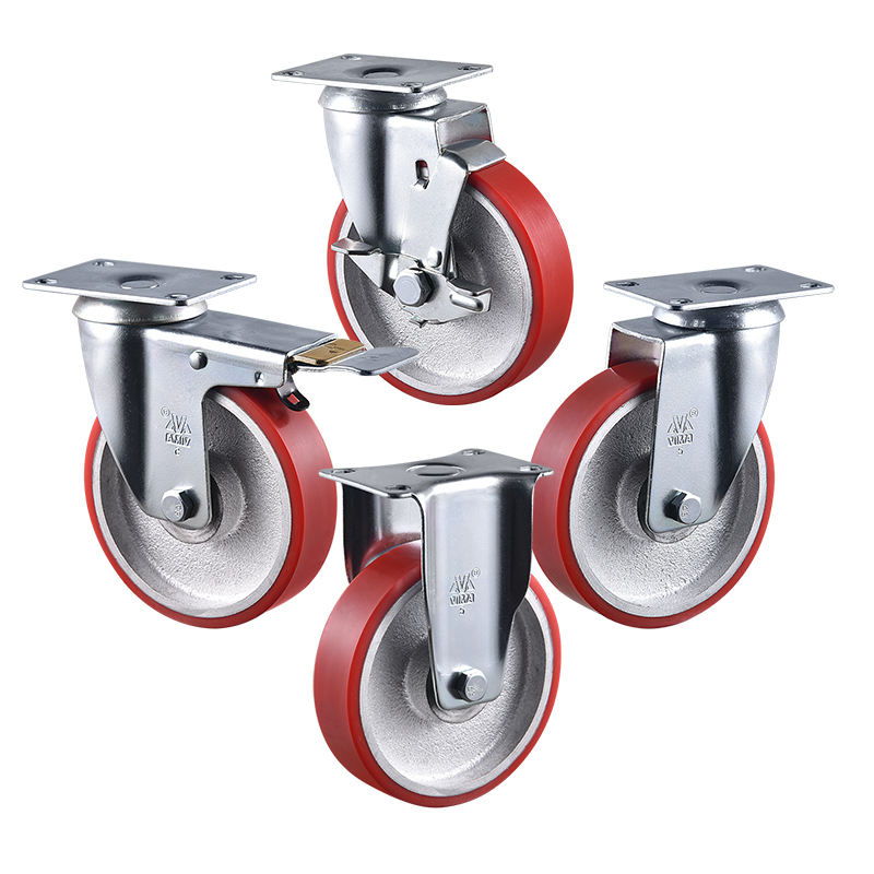 VIMA 3 4 5 Inch Fixed Caster Wheel Red PU Iron 200kg 250kg 300kg Castor Machine Wheels Medium Duty Caster for Trolley Cart