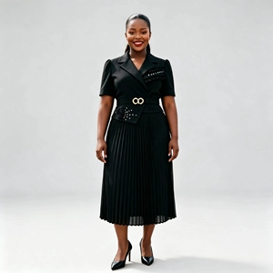 Robe plissée style blazer en gros avec revers cranté, accent floral 3D, <span class=keywords><strong>ceinture</strong></span> à <span class=keywords><strong>boucle</strong></span> métallique, grande taille, style Miyake - Product Image 2