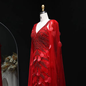 Jancember贅沢なビーズワインレッドのイブニングドレスケープスリーブ3D葉女性用アラビアパーティープロムドレスLsz283 - Product Image 5