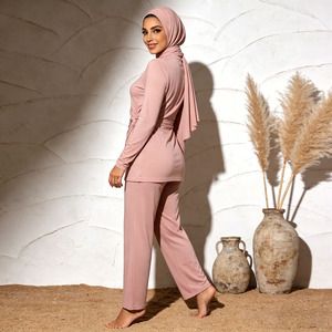Pink Burkini 3 Piece <b>Set</b> Women Side Twist Ruched <b>Modest</b> Islamic Swimwear Long Sleeve Top And Hijab Swim Suit Wholesale - Product Image 3