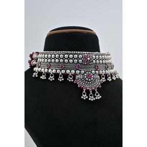 Ethnic <b>Silver</b> Plated Vintage <b>Choker</b> Necklace with Pink Amethyst Flower Design Women's Gift Jewelry Beaded Chain Style - Product Image 3