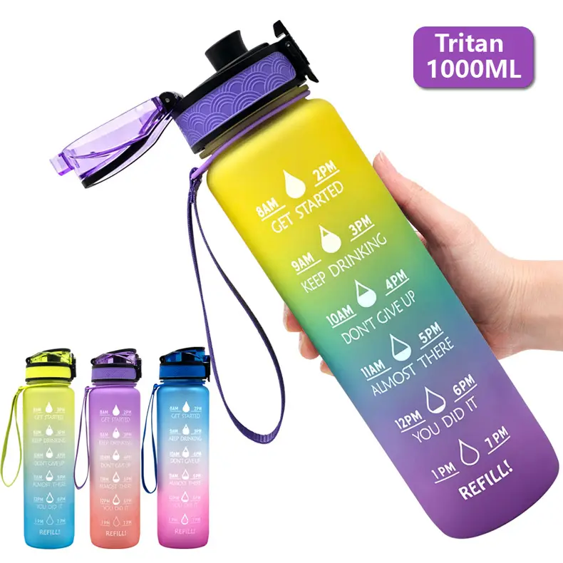 Botol Air Olahraga Tritan 32Oz, Tidak Beracun, Tahan Bocor, Botol Air Motivasi dengan Spidol Waktu Flip, Botol Plastik untuk Gym