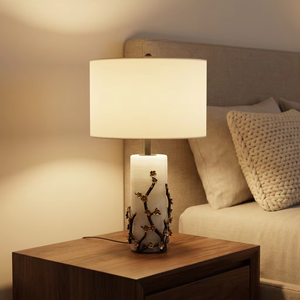 Lampe de table moderne en marbre avec abat-jour en tissu et branches métalliques, idéale pour chevet, bureau, lecture, chambre d'hôtel, salon - Product Image 1