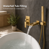 Robinet de baignoire mural moderne en or brossé, mitigeur de bain-douche encastré avec cascade et douchette à main
